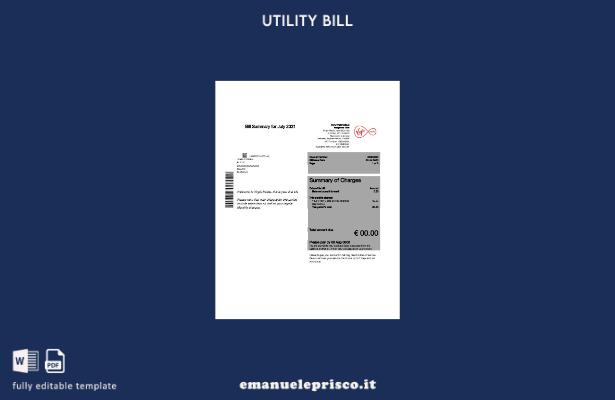 modello di versione della bolletta delle utenze Virgin Media irlandese in stile 